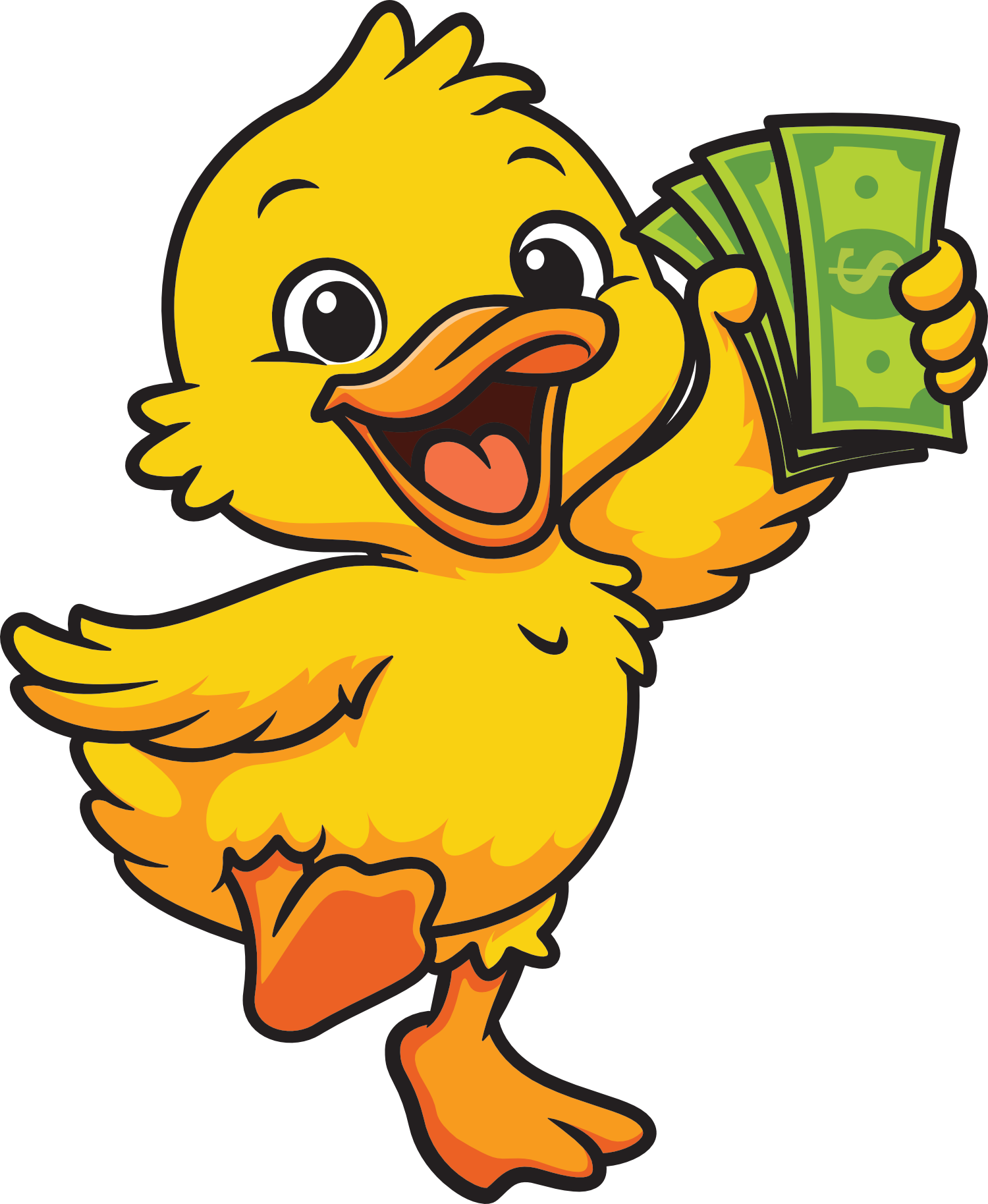Penny the Money Duck waving a fan of play money